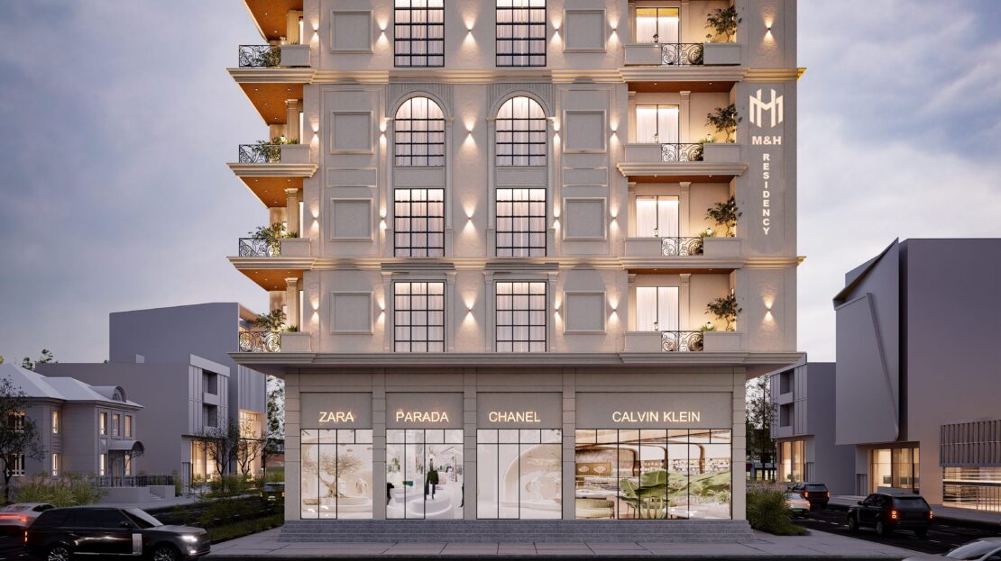 M&H Residency exterior building render, front view, high-street retail frontage at ground level