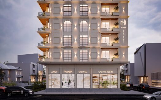 M&H Residency exterior building render, front view, high-street retail frontage at ground level