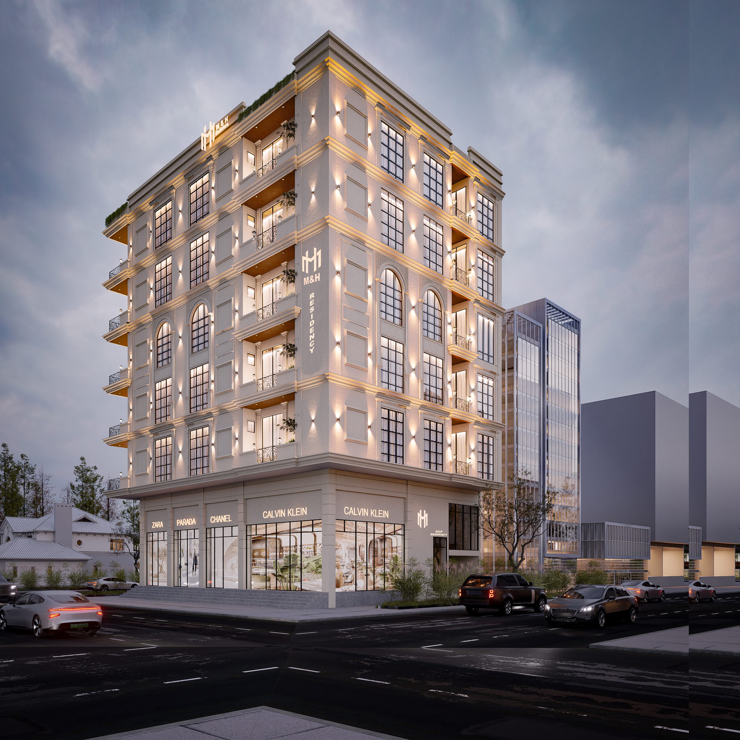 M&H Residency exterior render, corner view