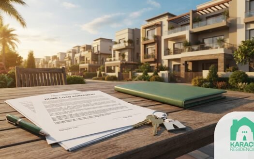 Homebuyer reviewing mortgage and home financing documents with a bank advisor in Pakistan