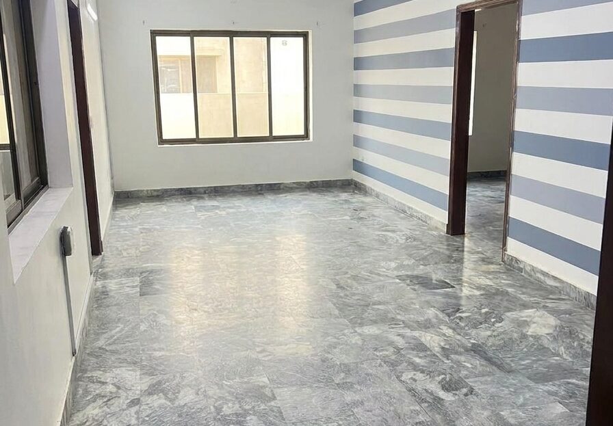 Empty living room, 4 bed luxury apartment for sale, PECHS Block 3, Karachi