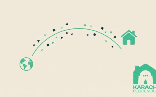 Illustration of a globe connected by an arc to a house, symbolizing sending remittances from abroad to buy property in Pakistan, Karachi Residencies branding