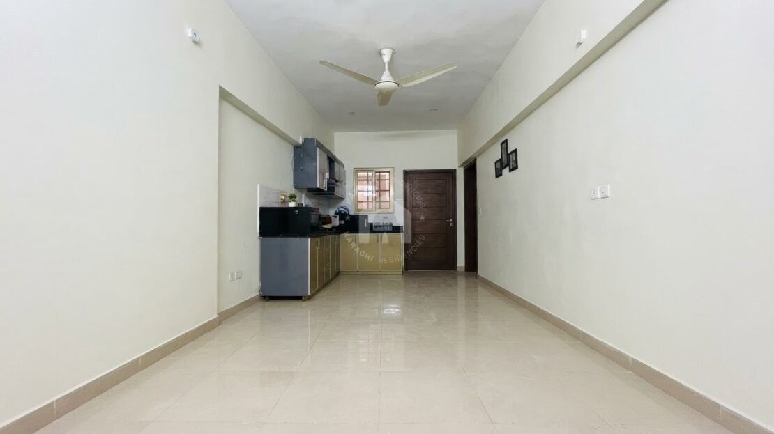 Open kitchen and hallway view in PECHS Block 2 furnished apartment, Karachi Residencies