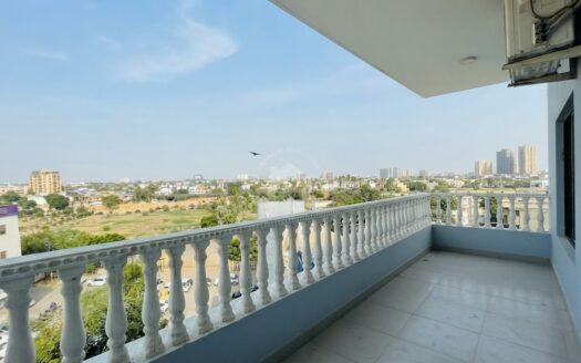 Roof terrace balcony with Karachi skyline view, PECHS Block 2 furnished apartment, Karachi Residencies