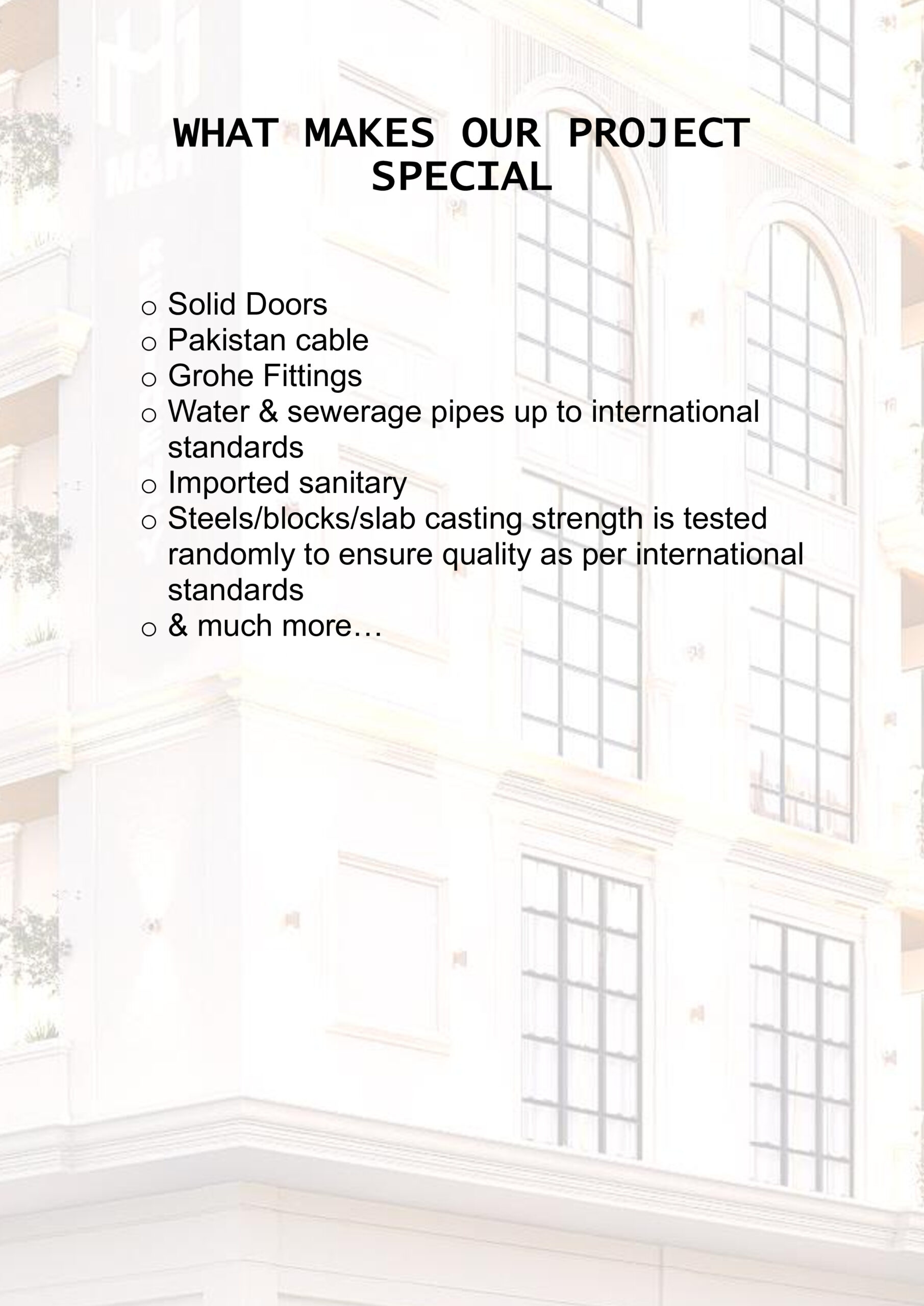 M&H Residency feature list page from brochure
